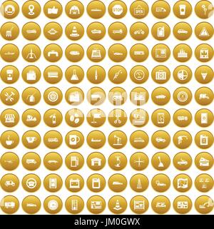 100 gas station icons set gold Stock Vector