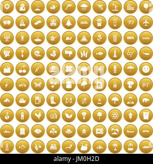 100 global warming icons set gold Stock Vector