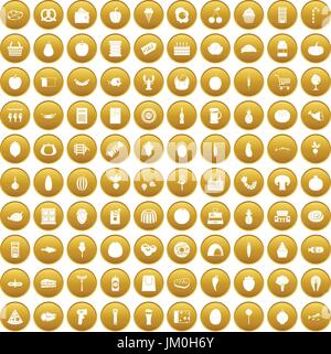 100 grocery shopping icons set gold Stock Vector