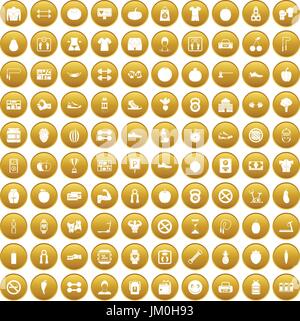 100 gym icons set gold Stock Vector