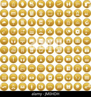 100 headphones icons set gold Stock Vector