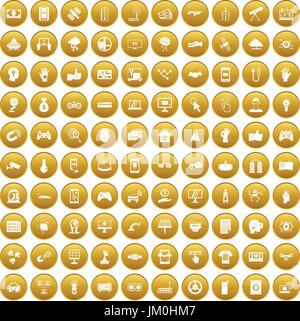 100 hi-tech icons set gold Stock Vector