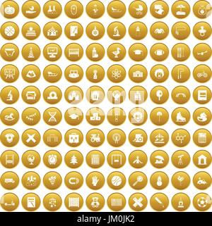 100 kids icons set gold Stock Vector