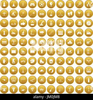 100 kids activity icons set gold Stock Vector