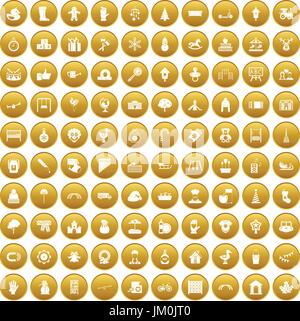 100 kindergarten icons set gold Stock Vector