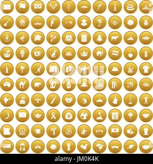 100 landmarks icons set gold Stock Vector