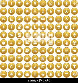 100 leaf icons set gold Stock Vector