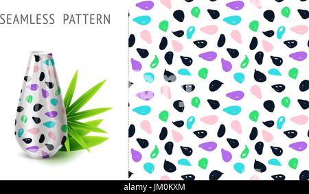 A set of summer seamless unique floral patterns, demonstrated on textile ceramic vase. Can be used for embroidery, print or silkscreen on fabric. Stock Vector
