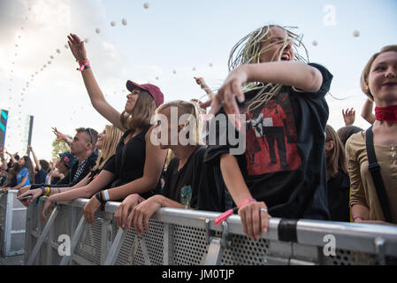 BONTIDA, ROMANIA - JULY 16, 2017: Crowd of cheering people partying during a concert performed by Suie Paparude at Electric Castle festival Stock Photo