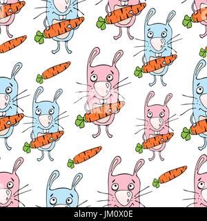 Bunnies cartoon seamless pattern, hand drawing, vector background. Funny painted rabbit with a carrot in the paws on a white backdrop. For fabric desi Stock Vector