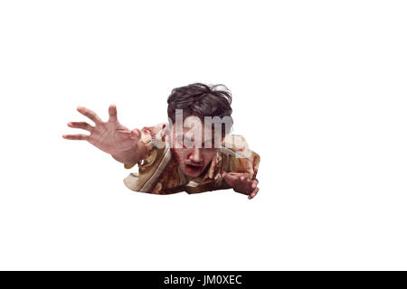 Spooky asian undead man crawling isolated over white background Stock Photo