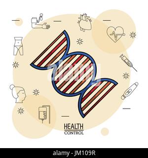 Poster white background with black silhouette icons of health control in background and colorful dna chain icon in closeup Stock Vector