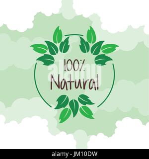 color background with circular logo of one hundred percent natural Stock Vector