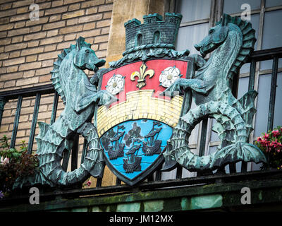 Cambridge City Coat of Arms / Crest on the Guildhall in Market Square, central Cambridge UK Stock Photo
