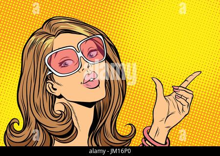 Beautiful woman in sunglasses, hold hand gesture Stock Vector