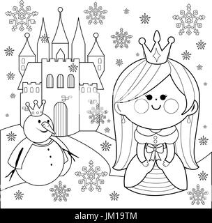 Princess in the snow with a castle and a snowman. Coloring book page Stock Vector