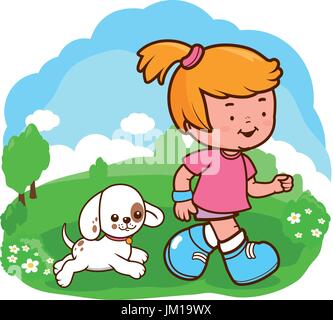 A little girl and her dog running at the park. Vector illustration Stock Vector