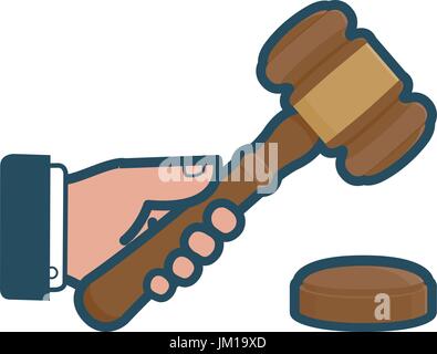 Judge hand holding a judge gavel. Symbol of law. Justice and punishment in court icon. Wooden hammer in courthouse. Vector illustration. Stock Vector