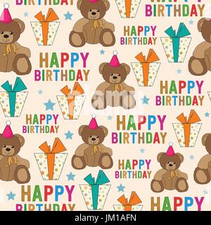 birthday seamless pattern with teddy bear and gifts, vector format Stock Vector