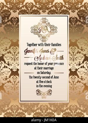 Vintage baroque style wedding invitation card template.. Elegant formal design with damask background, traditional decoration for wedding. Stock Vector