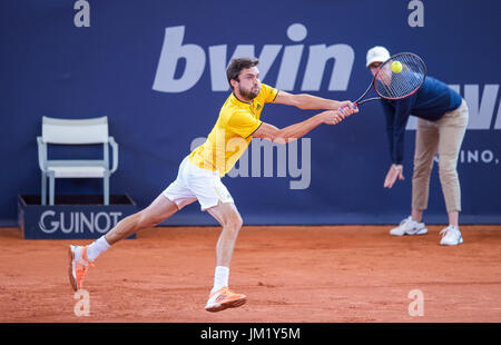 Gilles Simon of France playing against M. Marterer of Germany in the first round of the men's singles at the Tennis ATP-Tour German Open in Hamburg, Germany, 24 July 2017. Photo: Daniel Bockwoldt/dpa Stock Photo