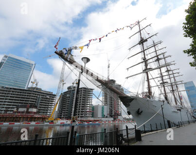 London, UK. 25th July, 2017. Peruvian tall ship Union, the world's second largest of her kind, on a visit to London, The 115 metre vessel is docked at South Quay on the Isle Of Dogs and is welcoming anybody aboard for a tour to see the ship which has four masts and 34 sails, which cover 3,400 metre sq when fully open. It is used as a training ship by the Peruvian navy and most of the 243 people on board are cadets but also include, cooks, barbers, doctors and laundry staffCredit: Paul Quezada-Neiman/Alamy Live News Stock Photo