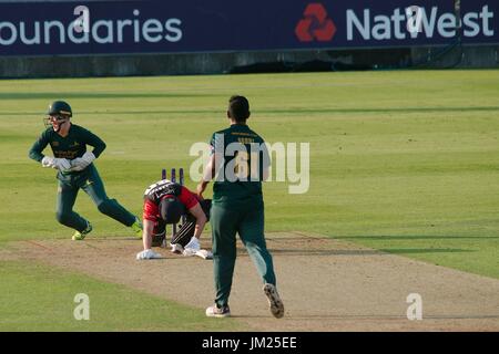 Chester le Street, England, 25th July 2017. Barry McCarthy of Durham Jets is out stumped by Tom Moores off the bowling of Ish Sodhi  of Nottinghamshire Outlaws in their NatWest T20 match at the Emirates, Chester le Street. Credit: Colin Edwards/Alamy Live News. Stock Photo