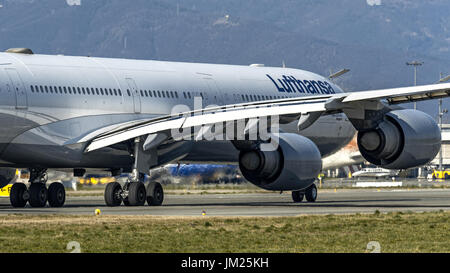 Waiting the clearance for take off, on the runway 36 of Turin Airpot, Italy. Stock Photo