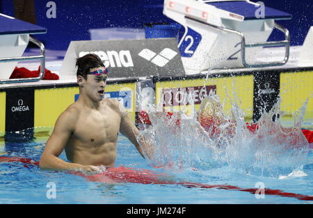 Budapest. 25th July, 2017. China's Sun Yang celebrates after the men's 200m freestyle swimming event at the 17th FINA World Championships in Budapest, Hungary on July 25, 2017. Sun Yang won the gold with 1:44.39. Credit: Ding Xu/Xinhua/Alamy Live News Stock Photo