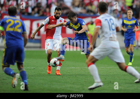 Prague, Czech Republic. 25th July, 2017. L-R Ihar Stasevich (BATE), Jan Boril (Slavia) and Stanislaw Drahun (BATE) in action during the third qualifying round match within UEFA Champions League between SK Slavia Praha and FC BATE Borisov in Prague, Czech Republic, on July 25, 2017. Credit: Ondrej Deml/CTK Photo/Alamy Live News Stock Photo