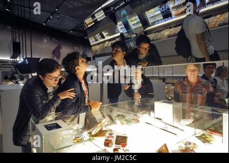 Future Food District, the supermarket of the future, made by Coop, the League of Italian Cooperatives. Presented for the first time at Milan's World Expo 2015, and then reopened in 2016 in the Bicocca district. Customers can experiment and try new ways to shop: large touch-screen high-tech monitors show additional product information, including the origin, nutritional values, the possible presence of allergenic ingredients, instructions for disposal and related products. Fundamental Issues related to food, shopping and sustainability Stock Photo