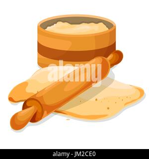 Flour in bowl with Dough, rolling pin Stock Vector