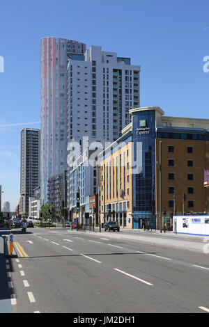 View west along the newly redeveloped Stratford High Street in East London, UK. The area has benefitted from proximity to the 2012 Olympic Park. Stock Photo