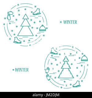 Vector illustration for sports figure skating arranged in a circle. Including icons of skates, gloves, hat, spruce. Winter elements made in line style Stock Vector