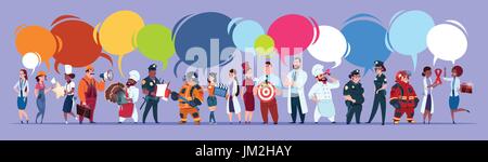 People Group With Chat Bubbles Different Occupation Set, Employees Mix Race Workers Banner Stock Vector
