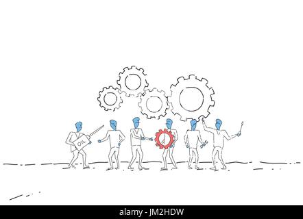 Business People Group Under Cog Wheel Work Together Brainstorming Process Strategy Concept Stock Vector