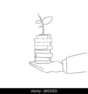 Business Man Hand Holding Plant On Books Stack Environmental Protection Growth Concept Stock Vector