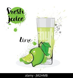 Lime Juice Fresh Hand Drawn Watercolor Fruits And Glass On White Background Stock Vector