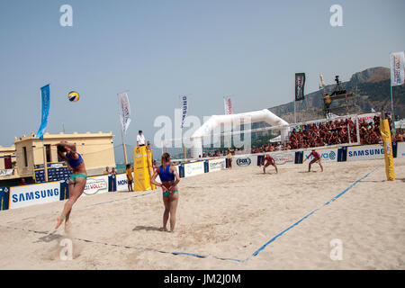 Athletes during the final of the Italian Championship Beach Volley on July 23, 2017 in Mondello Beach, Italy. Stock Photo