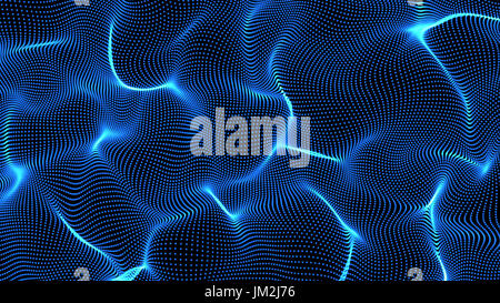 blue abstract waves on black background - shape made of dots - free composition Stock Photo