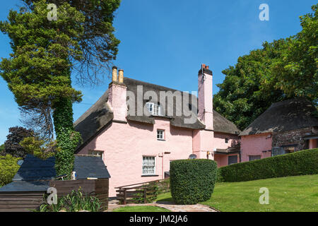 a traditional thatched roof cottage in the village of cockington, devon, england, britain, uk. Stock Photo