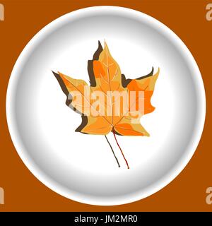 Autumn yellow maple leave on white plate Stock Vector