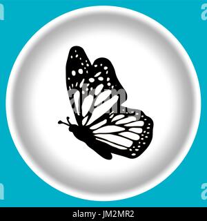 Icon Black butterfly on white plate blue background. Tatoo vector illustration. Stock Vector