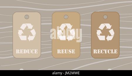 Reduce reuse recycle tags over a wood table Stock Vector