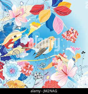 Beautiful bright illustration with a bird and berries on a blue background with flowers Stock Vector