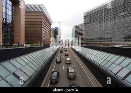 Brussels, Belgium - July 17, 2017: Traffic on central street of Brussels. Loi street in Brussels in the morning. Stock Photo