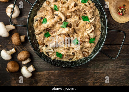 Mushroom beef stroganoff in pan with copy space Stock Photo