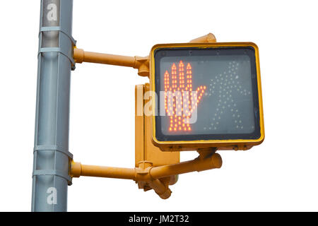 New York pedestrian traffic light with red hand isolated on white with clipping path Stock Photo