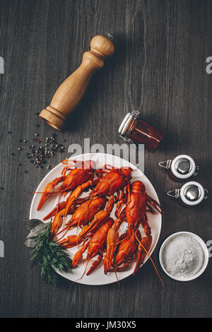 Boiled big red fresh crayfish in white plate with green herbs. Stock Photo