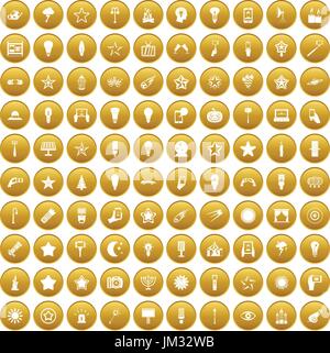 100 light icons set gold Stock Vector